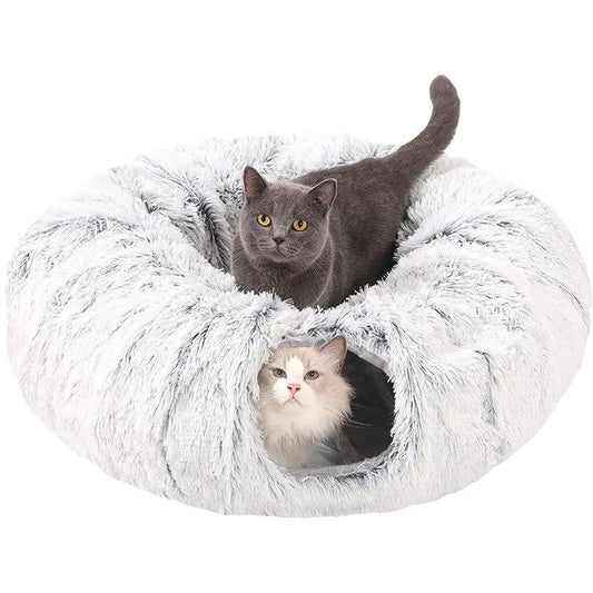 2-in-1 Calming Cat Donut Bed & Interactive Plush Tunnel – Foldable Collapsible Pet Hideout