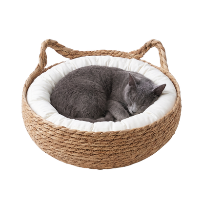 Vine-Woven Cat Bed – All-Season Natural Grass Nest with Detachable Washable Cushion