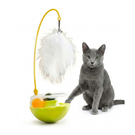 Multi-Functional Cat Turntable Toy – Non-Tipping Tumbler with Double-Ball Track & Interchangeable Feather Wand