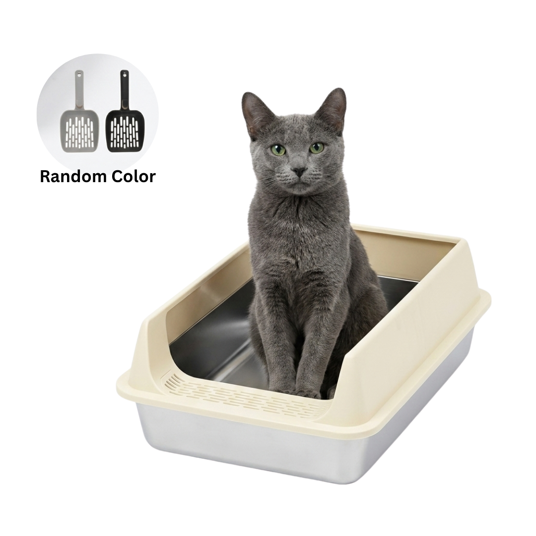 Stainless Steel Pet Toilet – Leak-Proof Metal Litter Tray with Removable Splash Guard