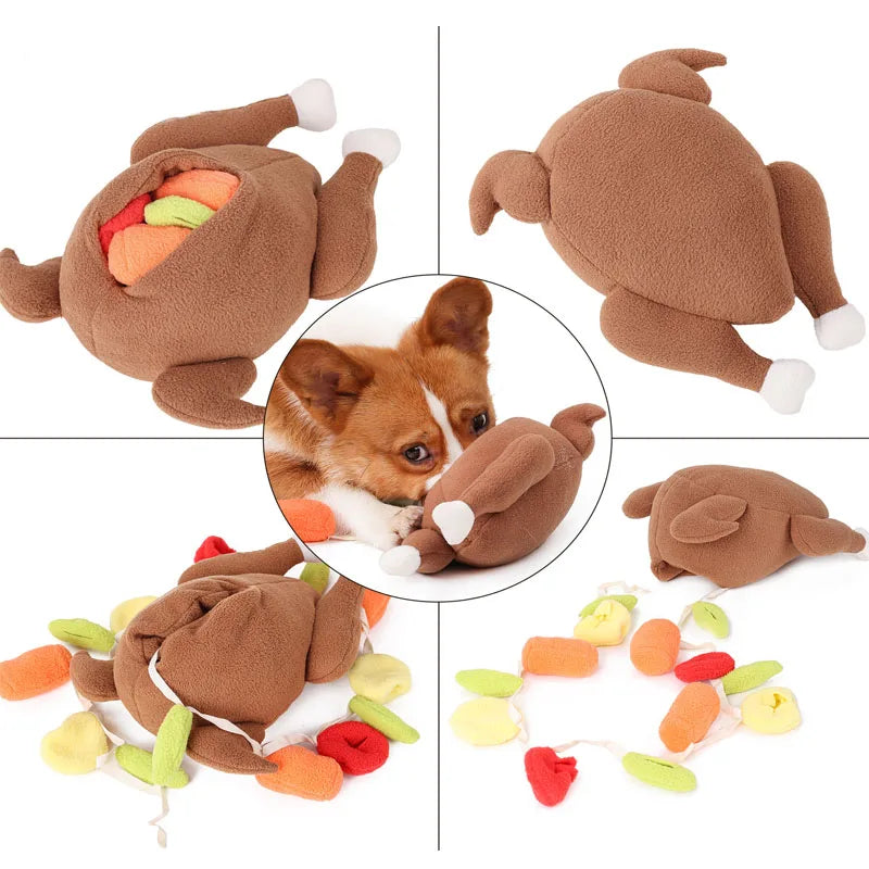 Interactive Turkey Snuffle Dog Toy – Plush IQ Training Puzzle with Squeakers & Food Hiding Compartments