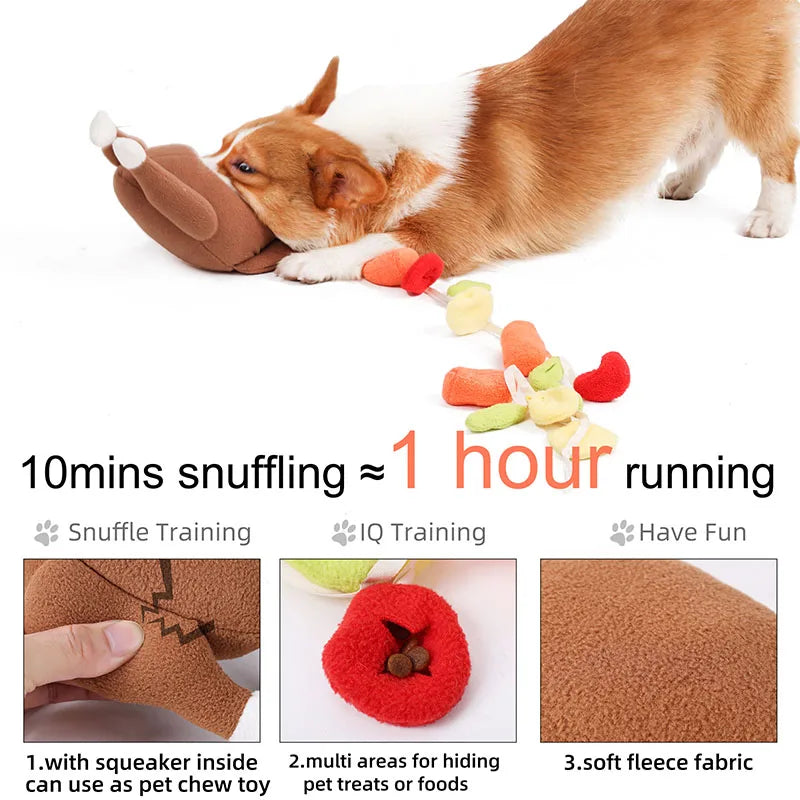 Interactive Turkey Snuffle Dog Toy – Plush IQ Training Puzzle with Squeakers & Food Hiding Compartments