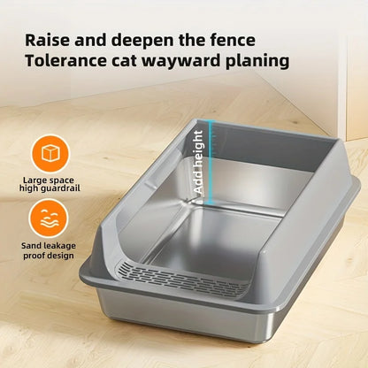 Stainless Steel Pet Toilet – Leak-Proof Metal Litter Tray with Removable Splash Guard