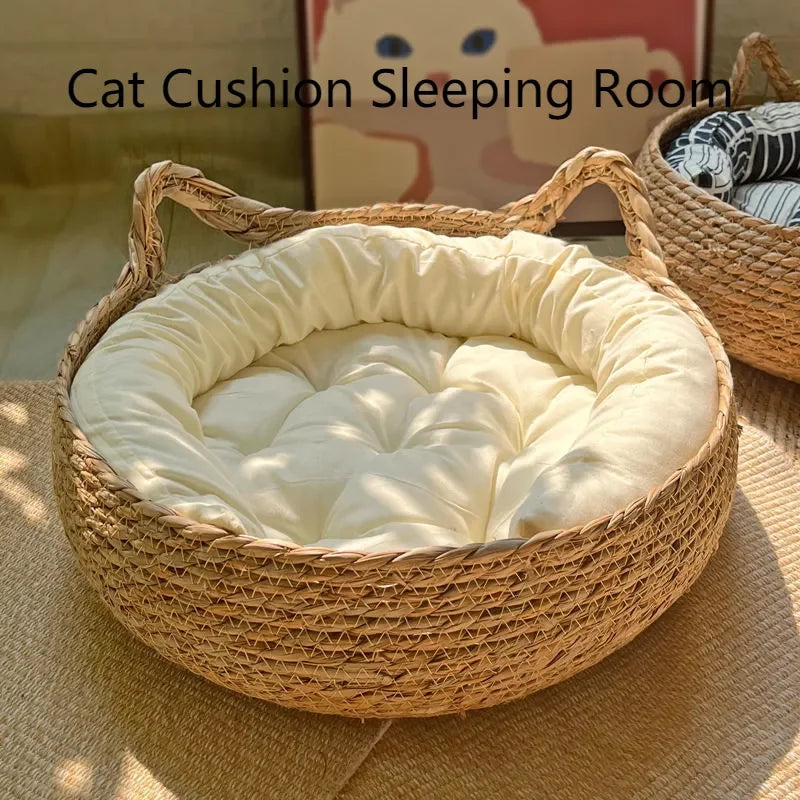 Vine-Woven Cat Bed – All-Season Natural Grass Nest with Detachable Washable Cushion