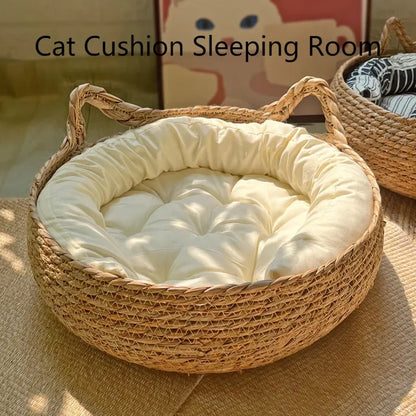 Vine-Woven Cat Bed – All-Season Natural Grass Nest with Detachable Washable Cushion