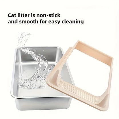 Stainless Steel Pet Toilet – Leak-Proof Metal Litter Tray with Removable Splash Guard