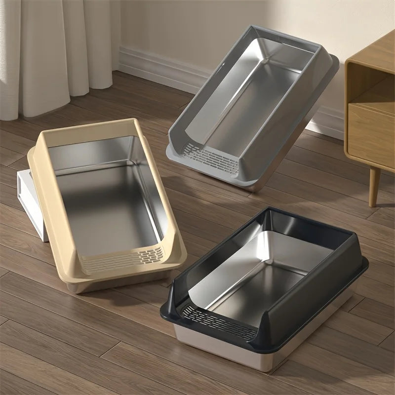 Stainless Steel Pet Toilet – Leak-Proof Metal Litter Tray with Removable Splash Guard
