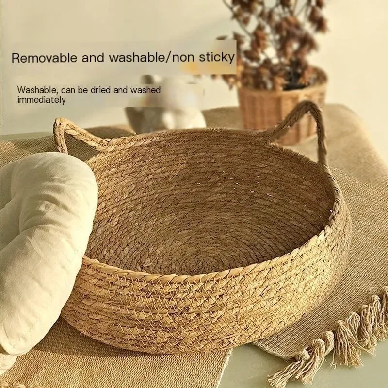 Vine-Woven Cat Bed – All-Season Natural Grass Nest with Detachable Washable Cushion