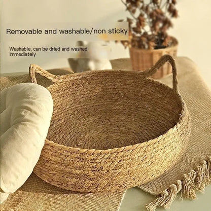 Vine-Woven Cat Bed – All-Season Natural Grass Nest with Detachable Washable Cushion