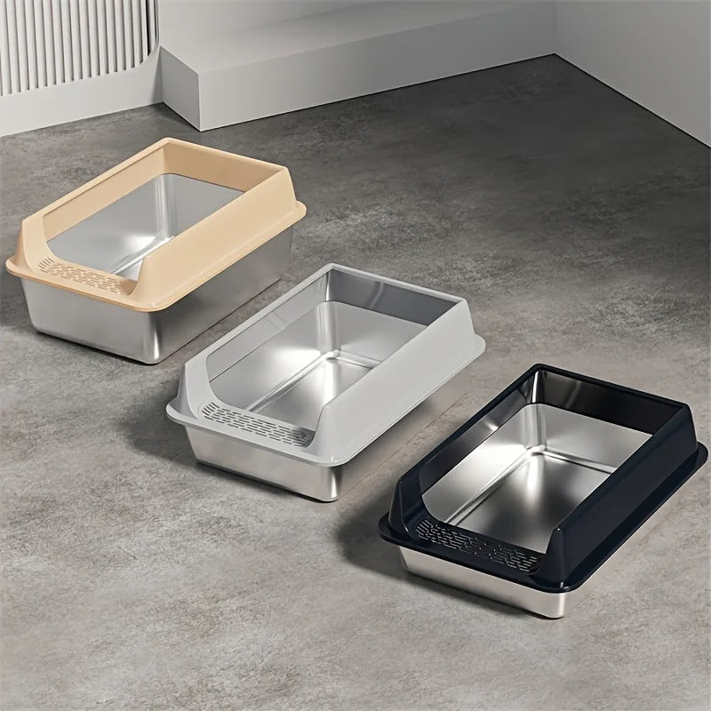 Stainless Steel Pet Toilet – Leak-Proof Metal Litter Tray with Removable Splash Guard