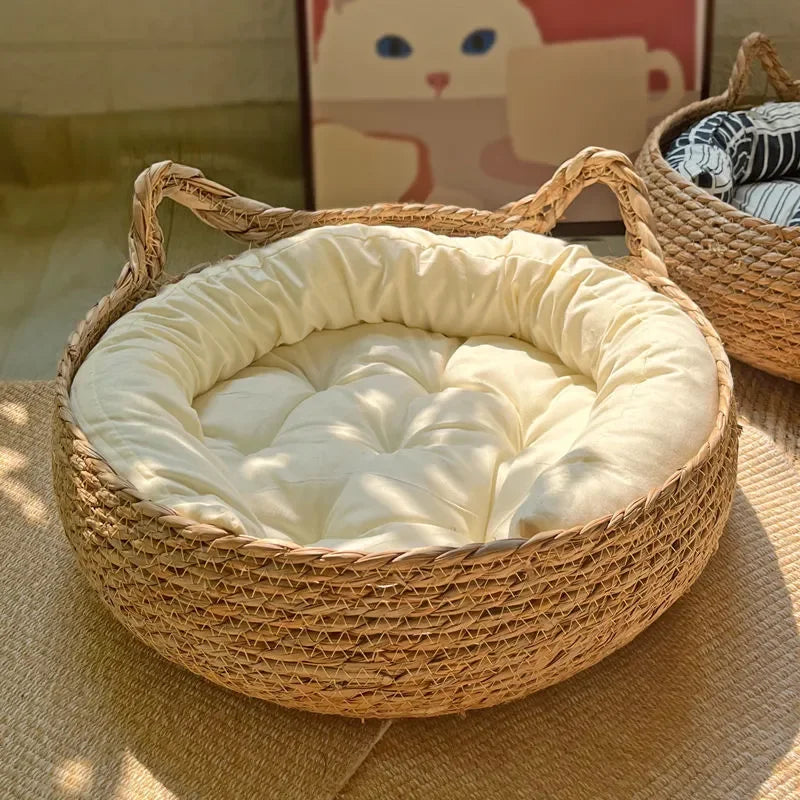 Vine-Woven Cat Bed – All-Season Natural Grass Nest with Detachable Washable Cushion