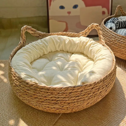 Vine-Woven Cat Bed – All-Season Natural Grass Nest with Detachable Washable Cushion