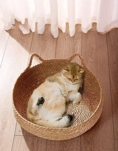 Vine-Woven Cat Bed – All-Season Natural Grass Nest with Detachable Washable Cushion
