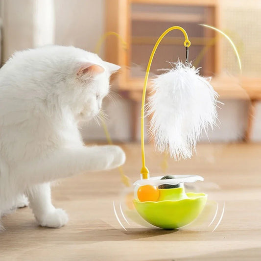 Multi-Functional Cat Turntable Toy – Non-Tipping Tumbler with Double-Ball Track & Interchangeable Feather Wand